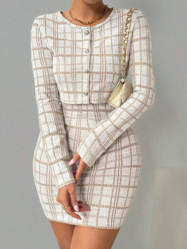 Dames geruite jas met lange mouwen en bretelrok