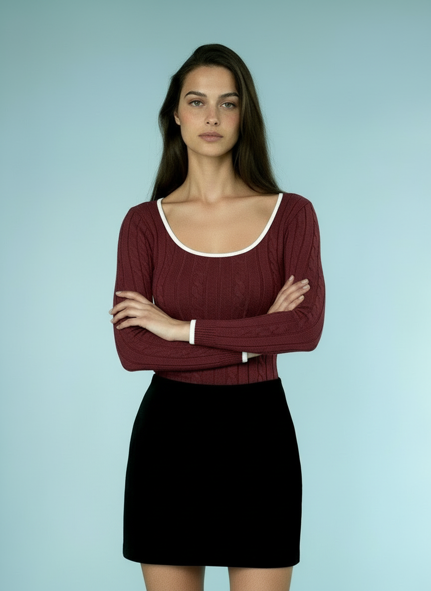 Slim-fit V-hals Trui met Contrastboord – Elegante Alledaagse Stijl