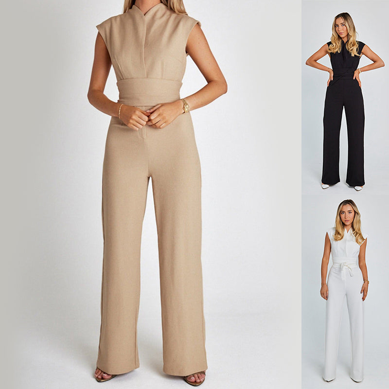 Mode Elegante Lange Mouwloze Jumpsuit Zomer V-hals Casual Wijde Pijpen