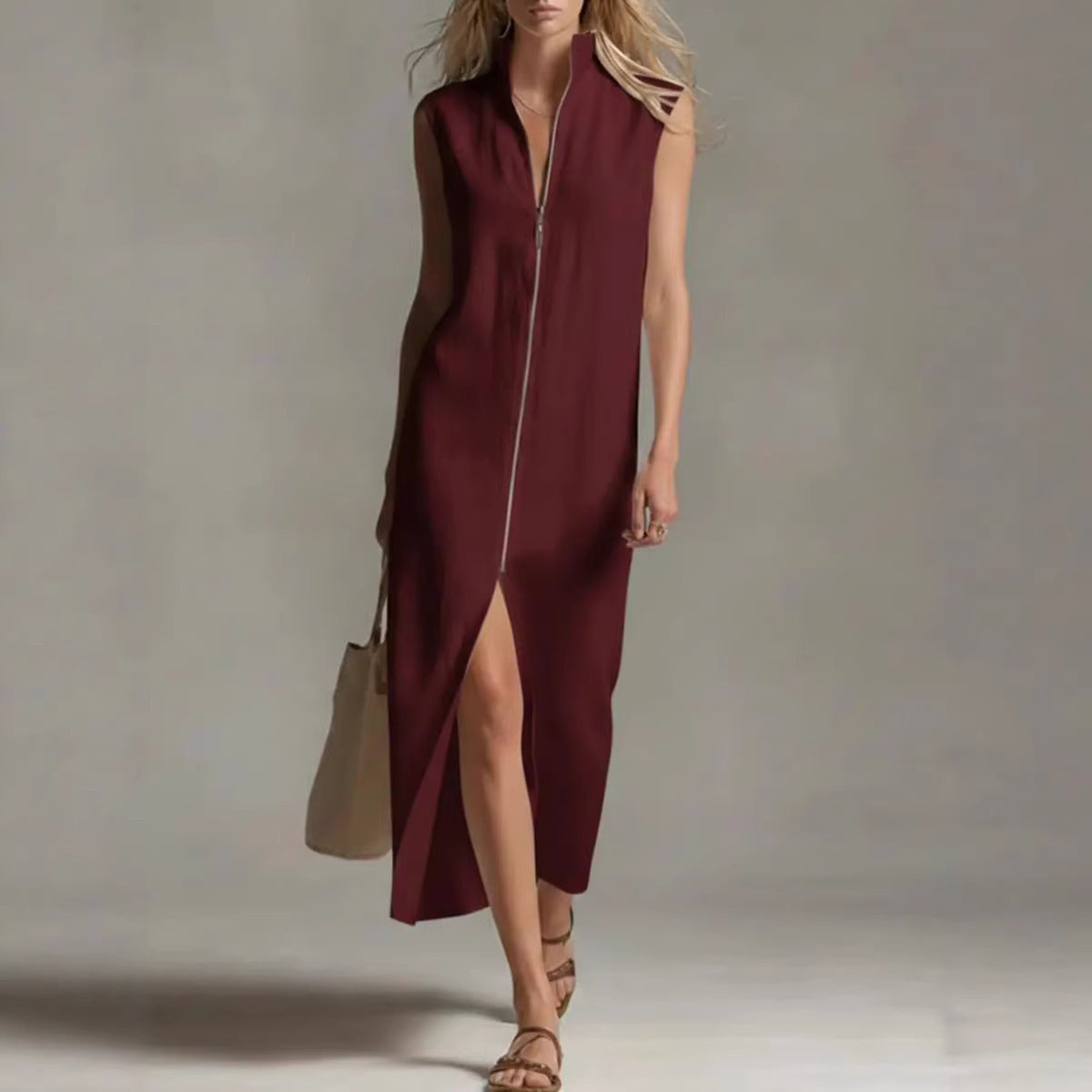 Mouwloze rits opstaande kraag modieuze casual jurk met split