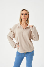 Casual sweatshirt met ruches en halve ritssluiting voor dames