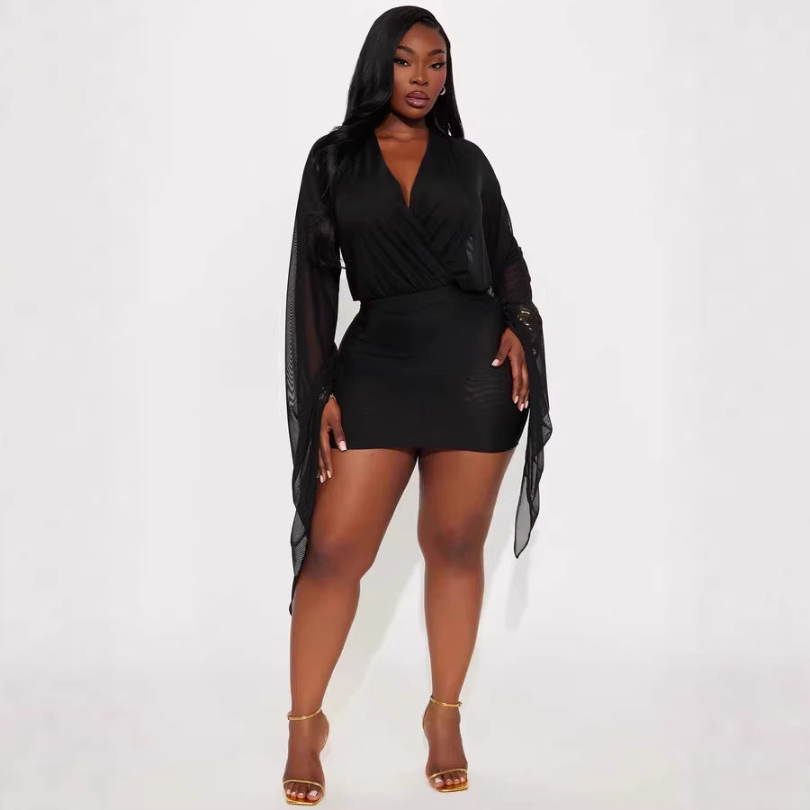 Mesh Sheer Deep-V laag uitgesneden mini-bodysuit