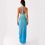 Body-hugging Halter-hals Sexy V-hals Jurk Met Ruches Zoom En Zijsplit