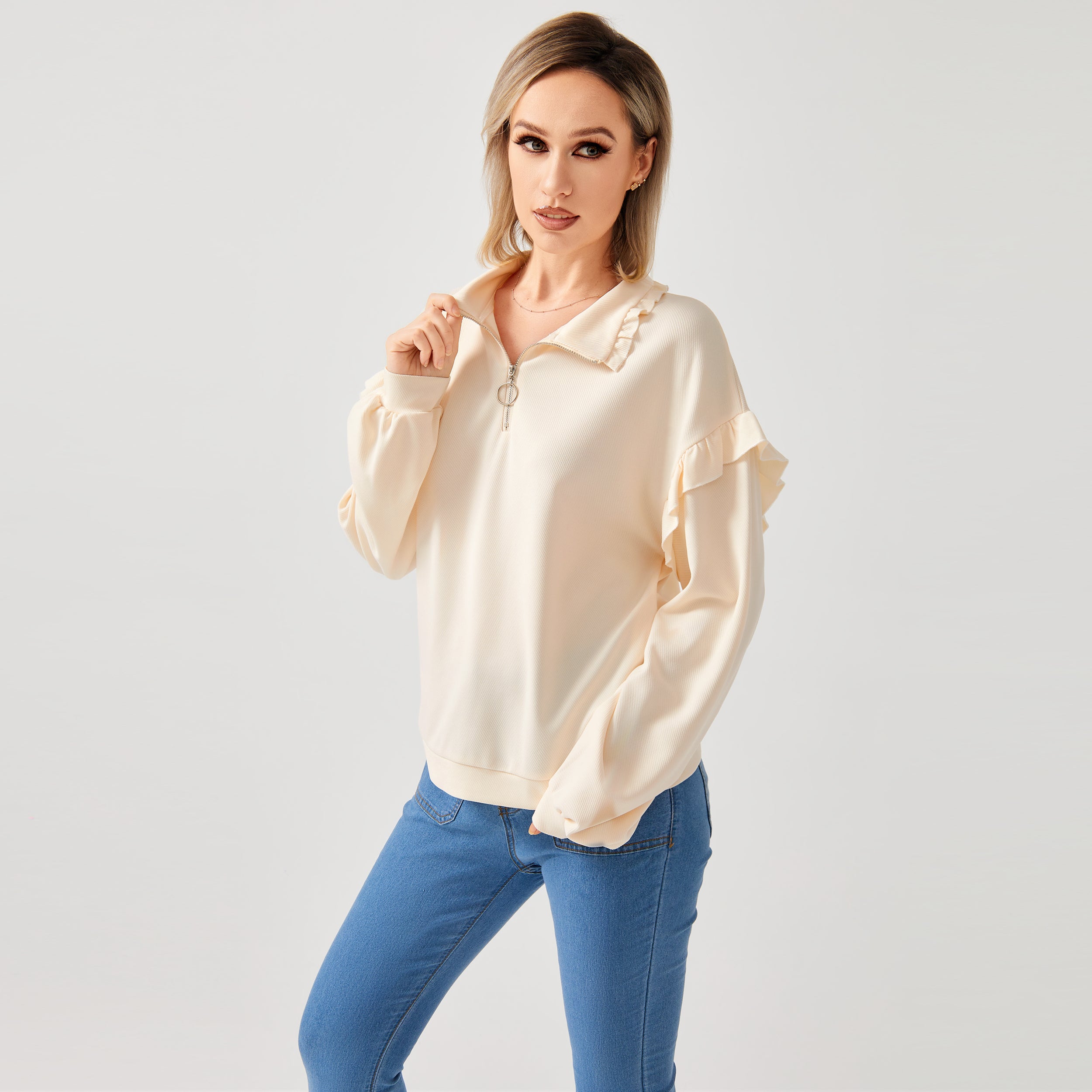 Casual sweatshirt met ruches en halve ritssluiting voor dames