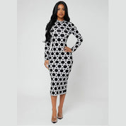 Stijlvolle bedrukte stretchy slim-fit jurk met ronde hals en lange mouwen