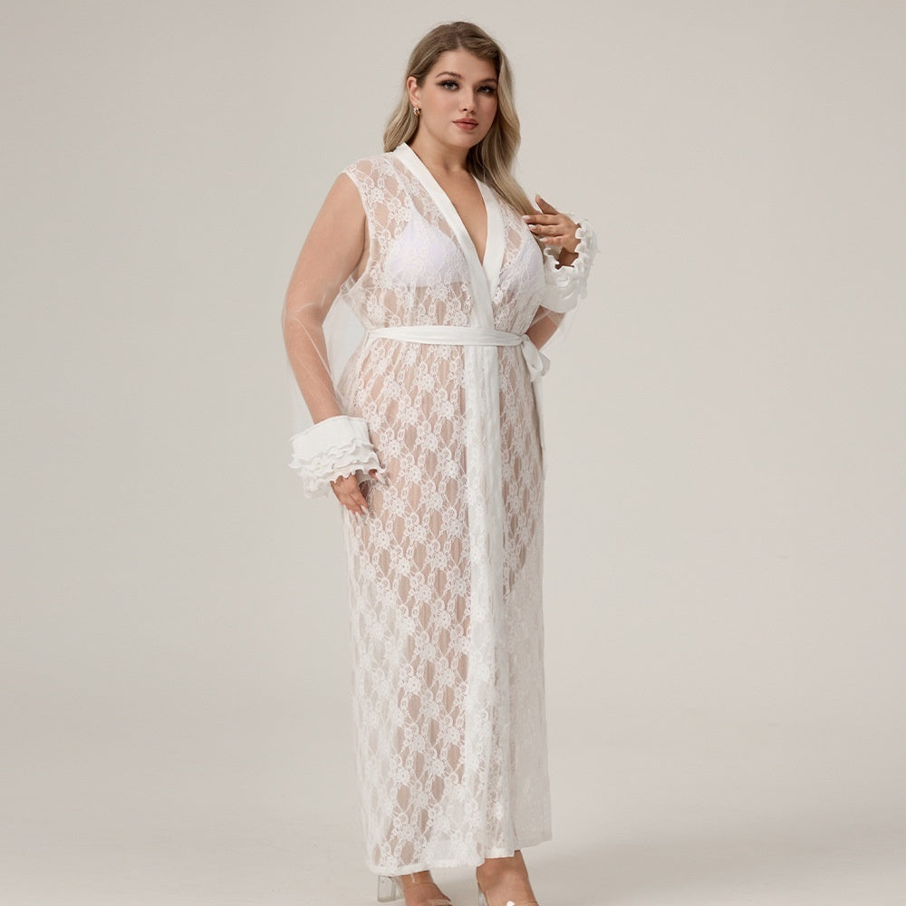 Plus Size Ice Silk Dames Lange Nachtjapon Loszittende Kanten Badjas