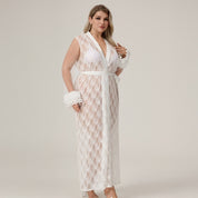 Plus Size Ice Silk Dames Lange Nachtjapon Loszittende Kanten Badjas