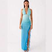 Body-hugging Halter-hals Sexy V-hals Jurk Met Ruches Zoom En Zijsplit