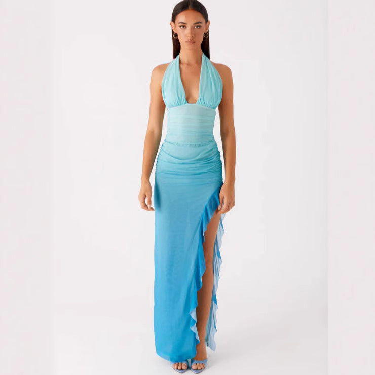 Body-hugging Halter-hals Sexy V-hals Jurk Met Ruches Zoom En Zijsplit