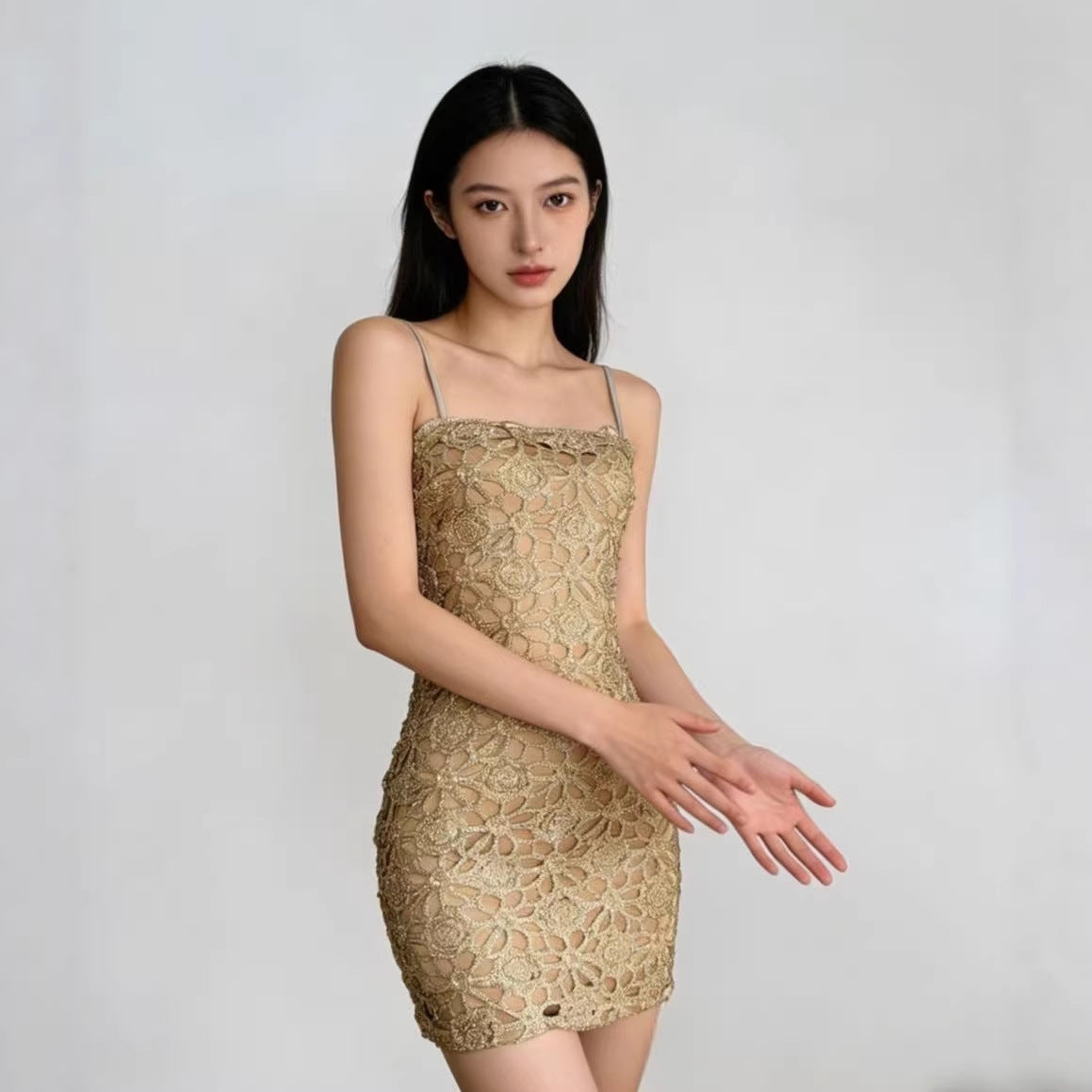 Franse stijl delicate champagne-gouden uitgeholde hemdjurk