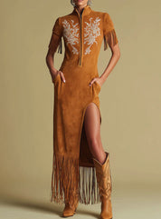Westerse retro geborduurde bruine maxi-jurk met franjes