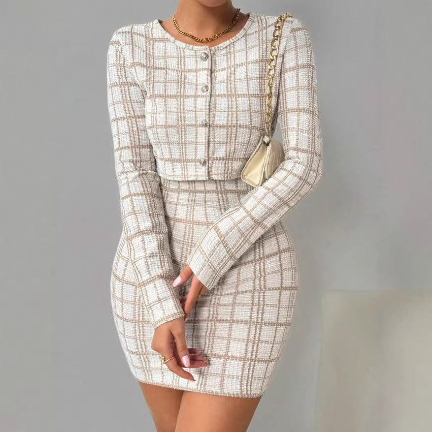 Dames geruite jas met lange mouwen en bretelrok