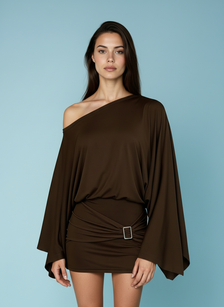 One-shoulder top met ceintuur