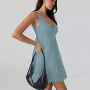 Elegante effen kleur V-hals casual all-match jurk