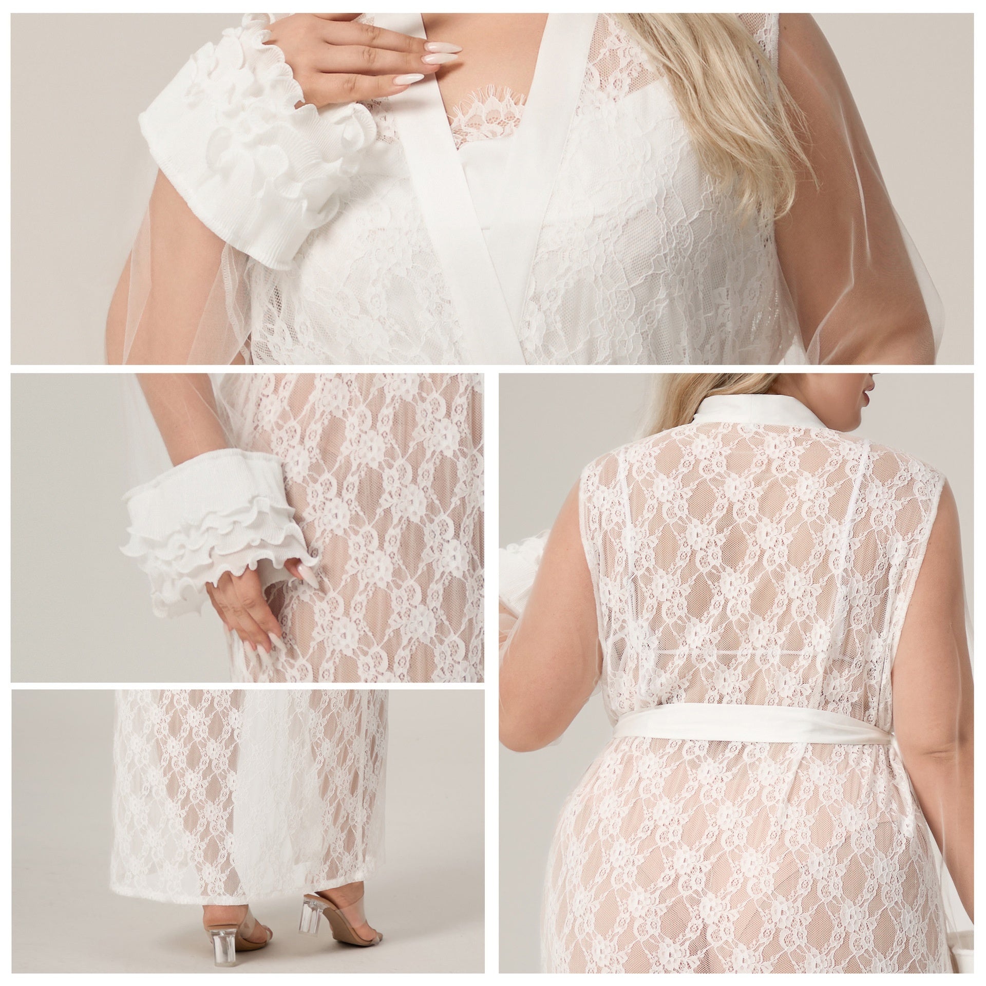 Plus Size Ice Silk Dames Lange Nachtjapon Loszittende Kanten Badjas