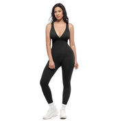 Effen kleur veelzijdige yoga-jumpsuit met V-hals voor dames