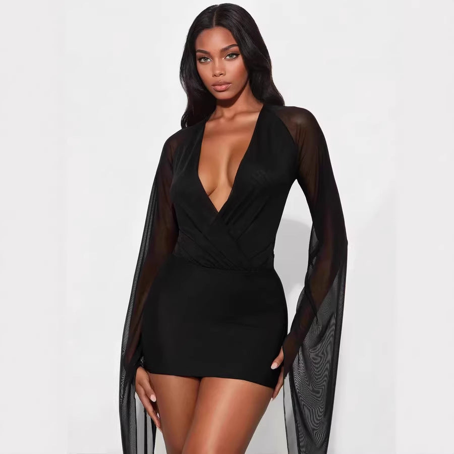 Mesh Sheer Deep-V laag uitgesneden mini-bodysuit