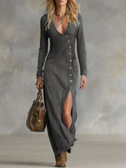 Slim-fit Denim Maxi Jurk met Knopen en Split