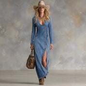 Slim-fit Denim Maxi Jurk met Knopen en Split