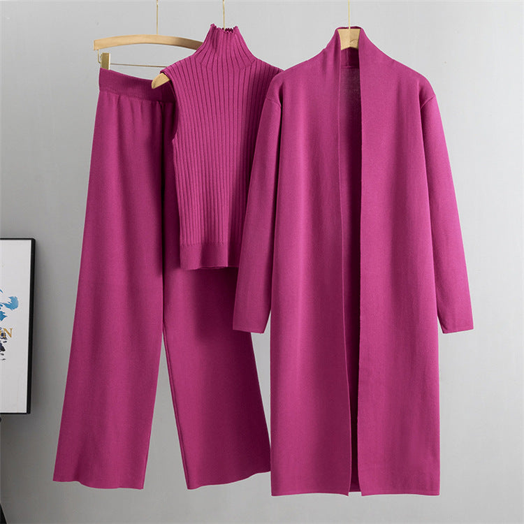 3 stuks pakken vrouwen mode breien mouwloos vest trui lang vest en wijde pijpen broek driedelige set