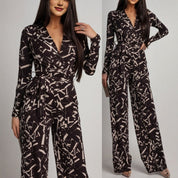 V-hals Jumpsuit met Print – Elegante Longsleeve voor Lente & Herfst