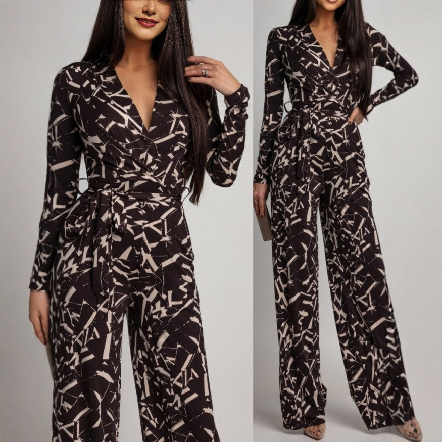 V-hals Jumpsuit met Print – Elegante Longsleeve voor Lente & Herfst