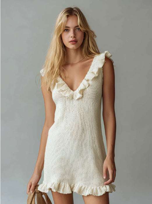 Luie en casual v-hals mouwloze ruches gebreide mini-jurk
