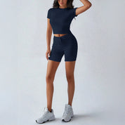 Yoga Active Wear effen kleur korte mouwen trekkoord shorts set