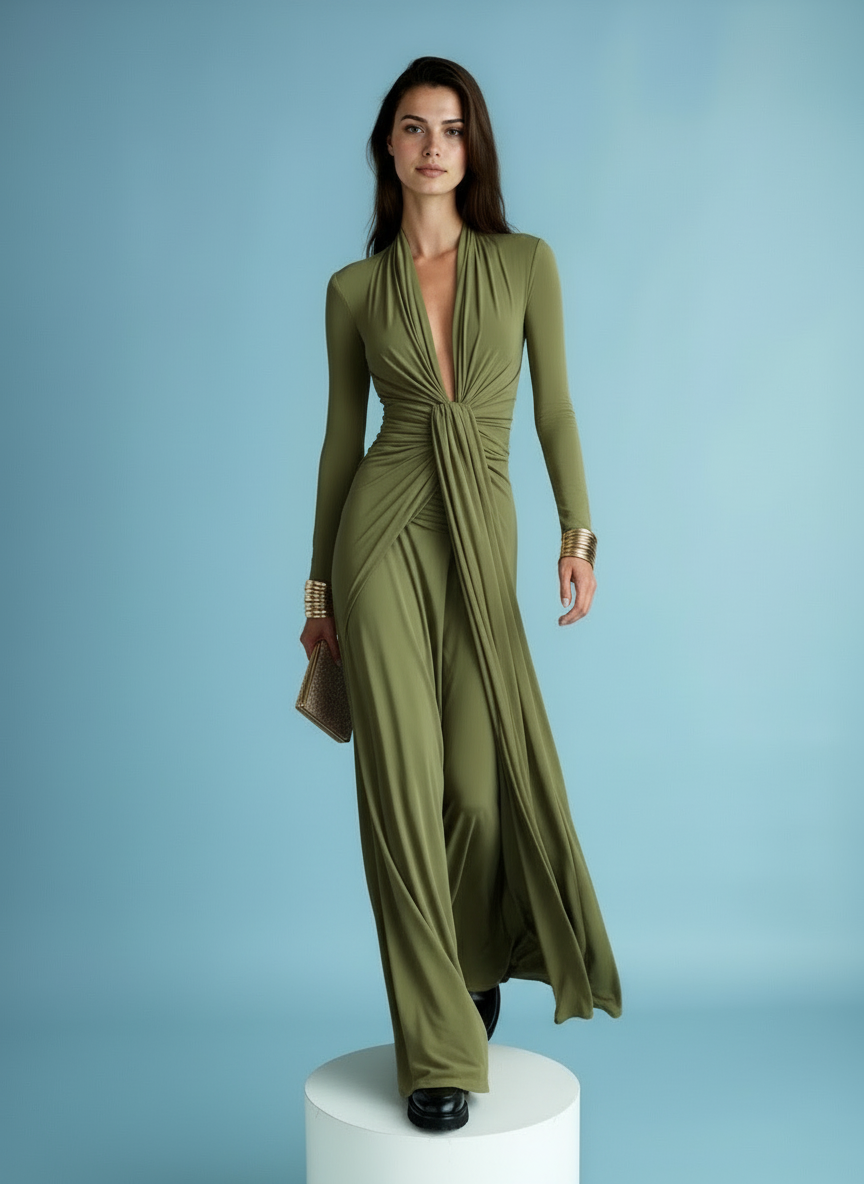 Effen kleur getextureerde elegante jurk met lange mouwen in Franse stijl