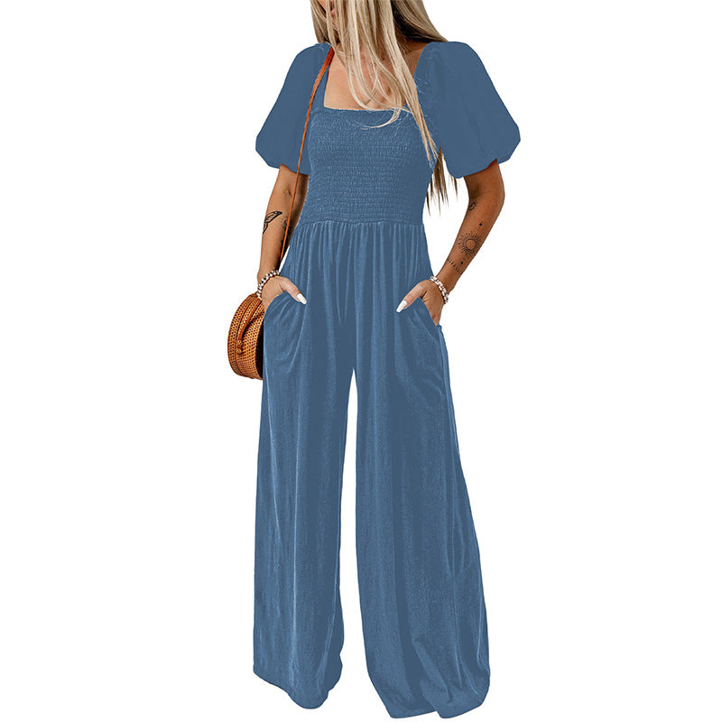 Dames jumpsuit met vierkante kraag en korte mouwen