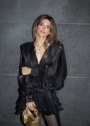 Zwarte Geplisseerde Mini jurk met Parelknopen