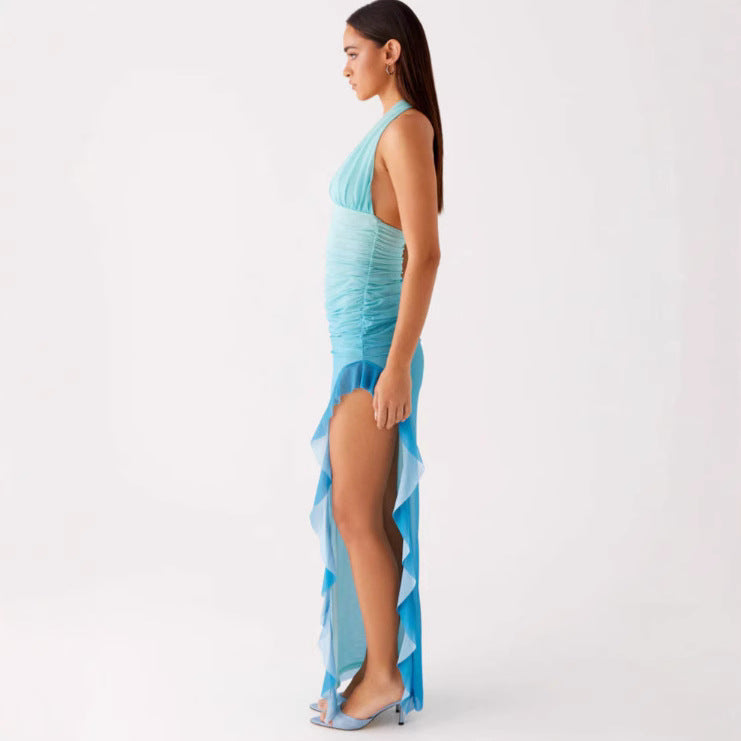 Body-hugging Halter-hals Sexy V-hals Jurk Met Ruches Zoom En Zijsplit