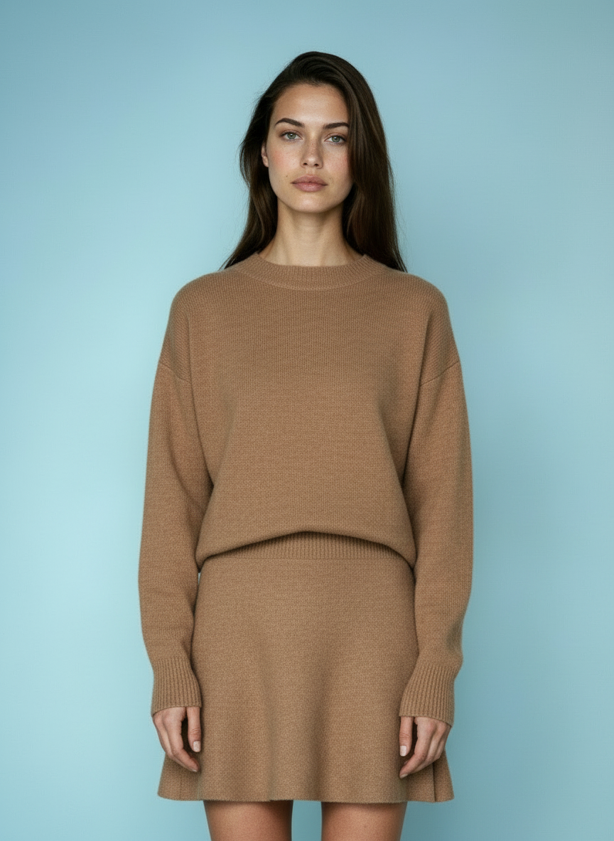 Dames Gebreide Set – Trui & Mini Rok met Hoge Taille