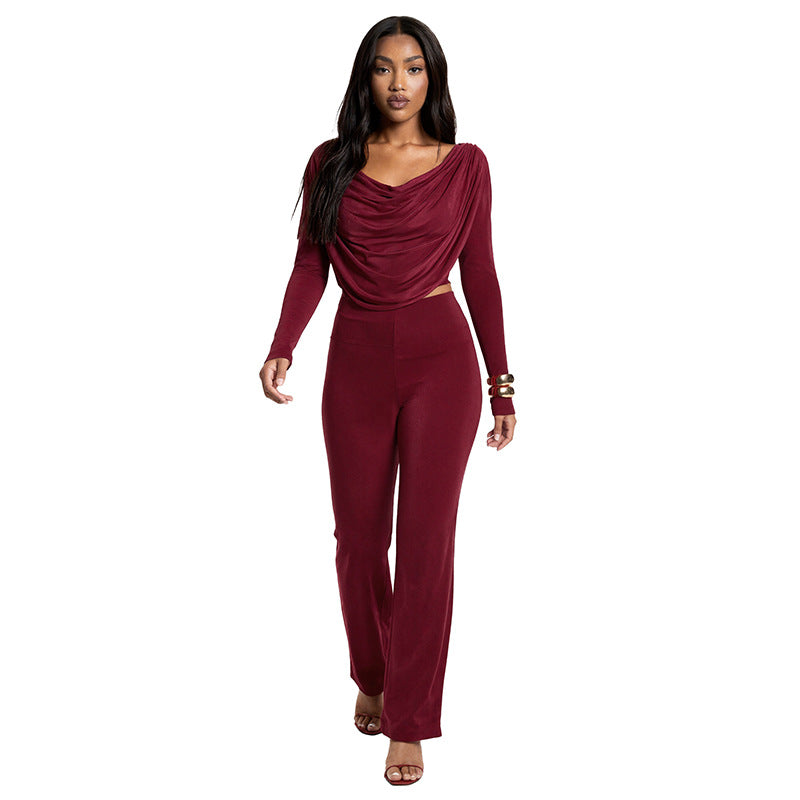 Effen Casual Boothals Top Met Lange Mouwen En Slim-Fit Broek Set