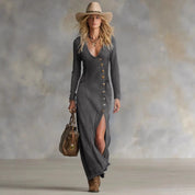 Slim-fit Denim Maxi Jurk met Knopen en Split