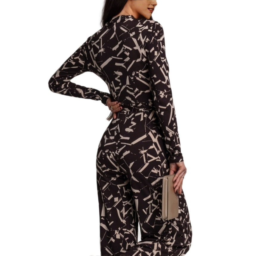 V-hals Jumpsuit met Print – Elegante Longsleeve voor Lente & Herfst