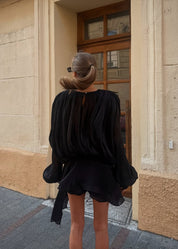 Zwarte Geplisseerde Mini jurk met Parelknopen