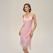 Effen kleur satijnen patchwork kant backless hemd pyjama's