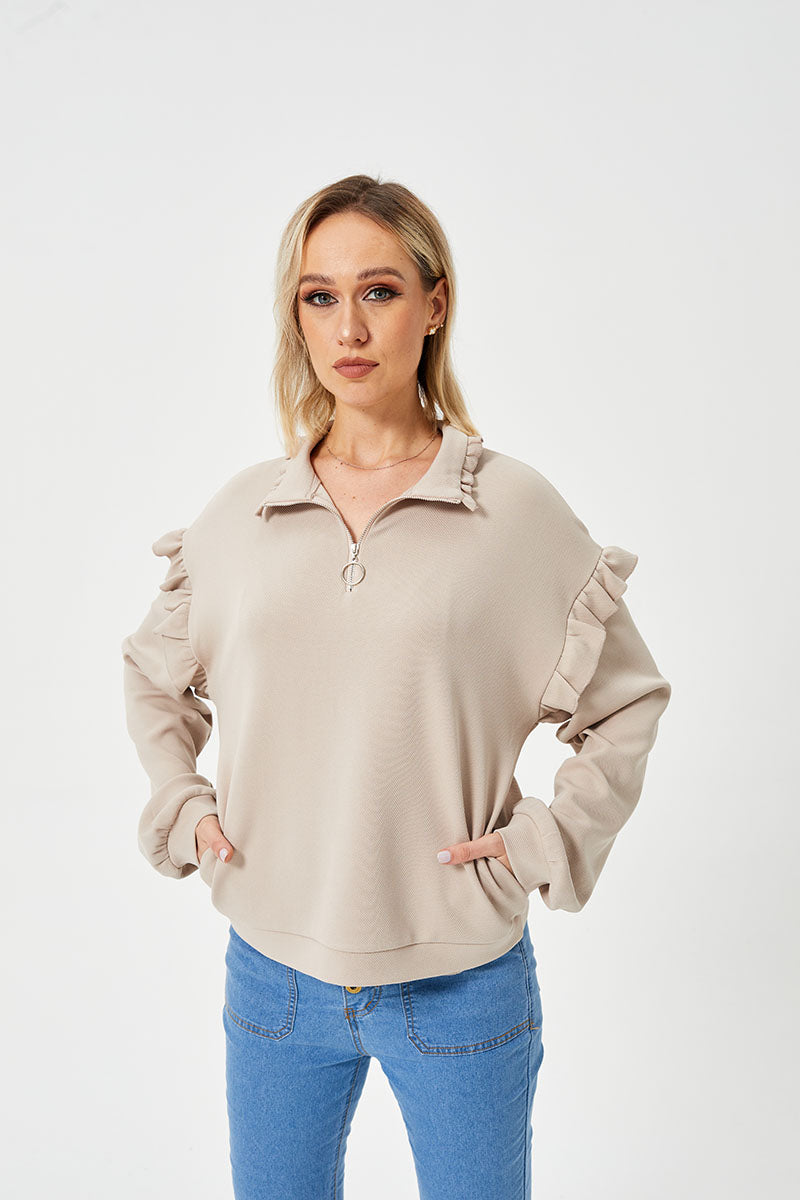 Casual sweatshirt met ruches en halve ritssluiting voor dames