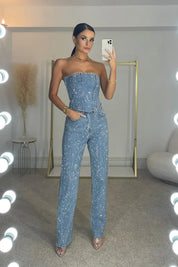 Elegante Strapless Jumpsuit - Trendy Look, Denim Stof
