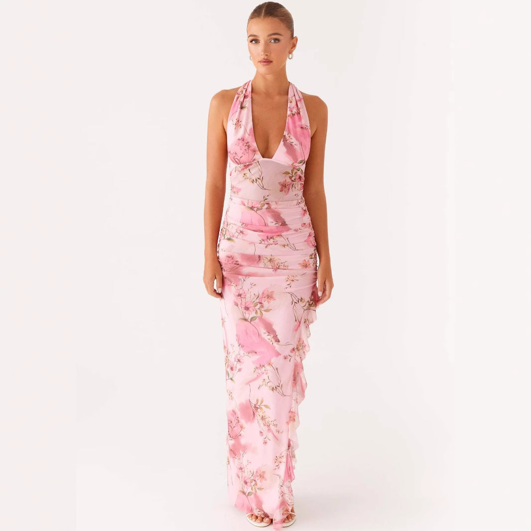 Body-hugging Halter-hals Sexy V-hals Jurk Met Ruches Zoom En Zijsplit