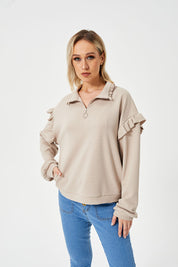 Casual sweatshirt met ruches en halve ritssluiting voor dames