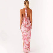 Body-hugging Halter-hals Sexy V-hals Jurk Met Ruches Zoom En Zijsplit