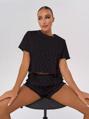 Katoenen hart print korte mouwen pyjama set met shorts dames casual loungewear