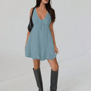 Elegante effen kleur V-hals casual all-match jurk