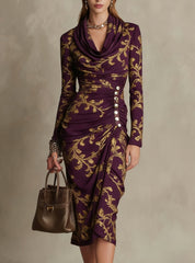 Vintage Court-Style Jurk met Goudfolie Print