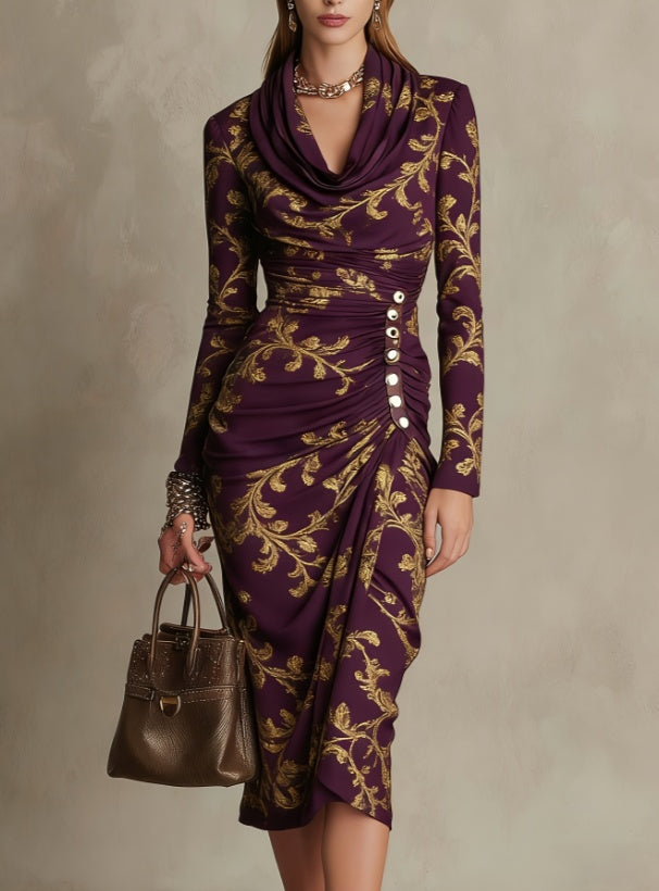 Vintage Court-Style Jurk met Goudfolie Print
