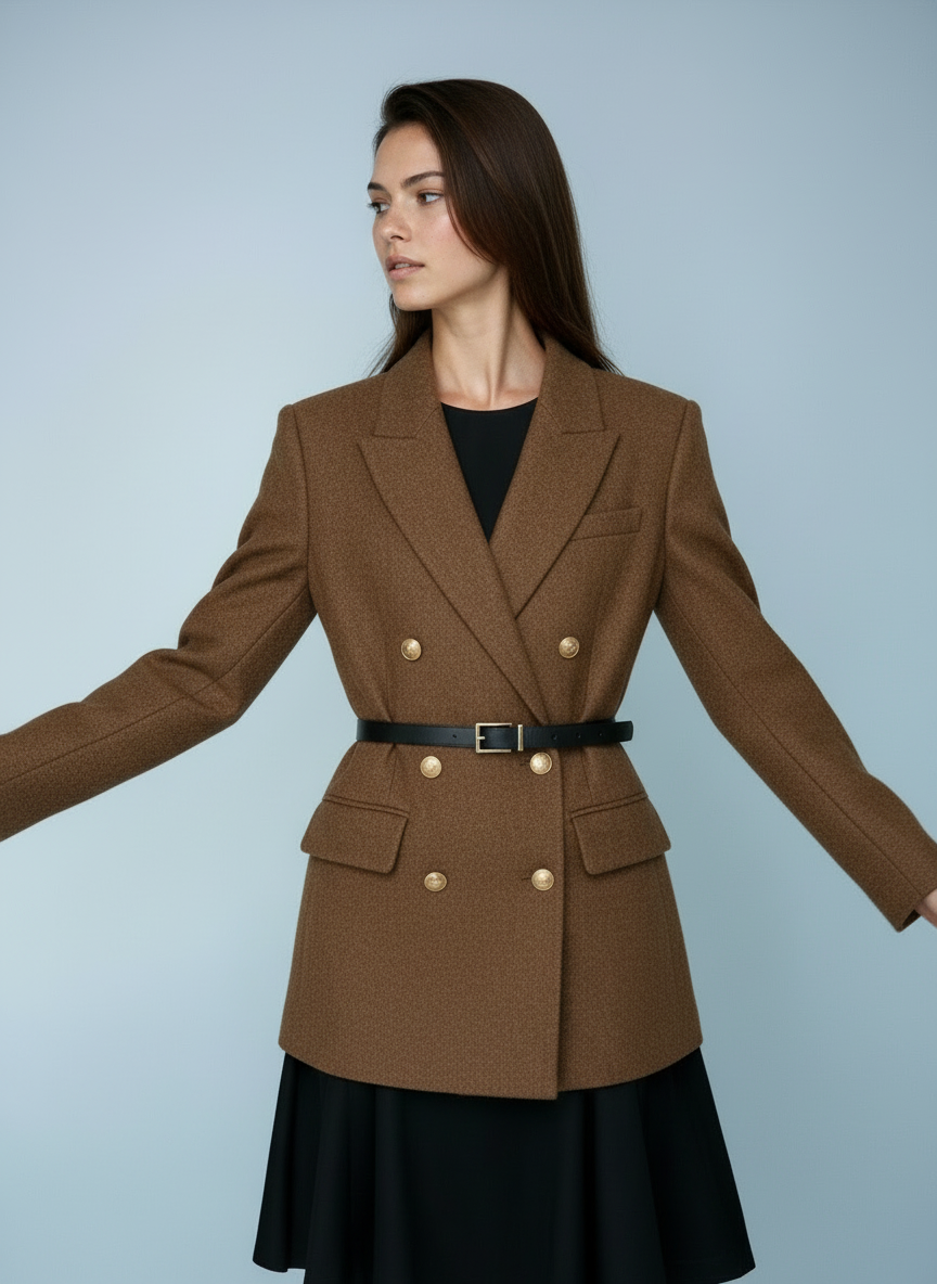 Wollen blazer met ceintuur en gouden knopen