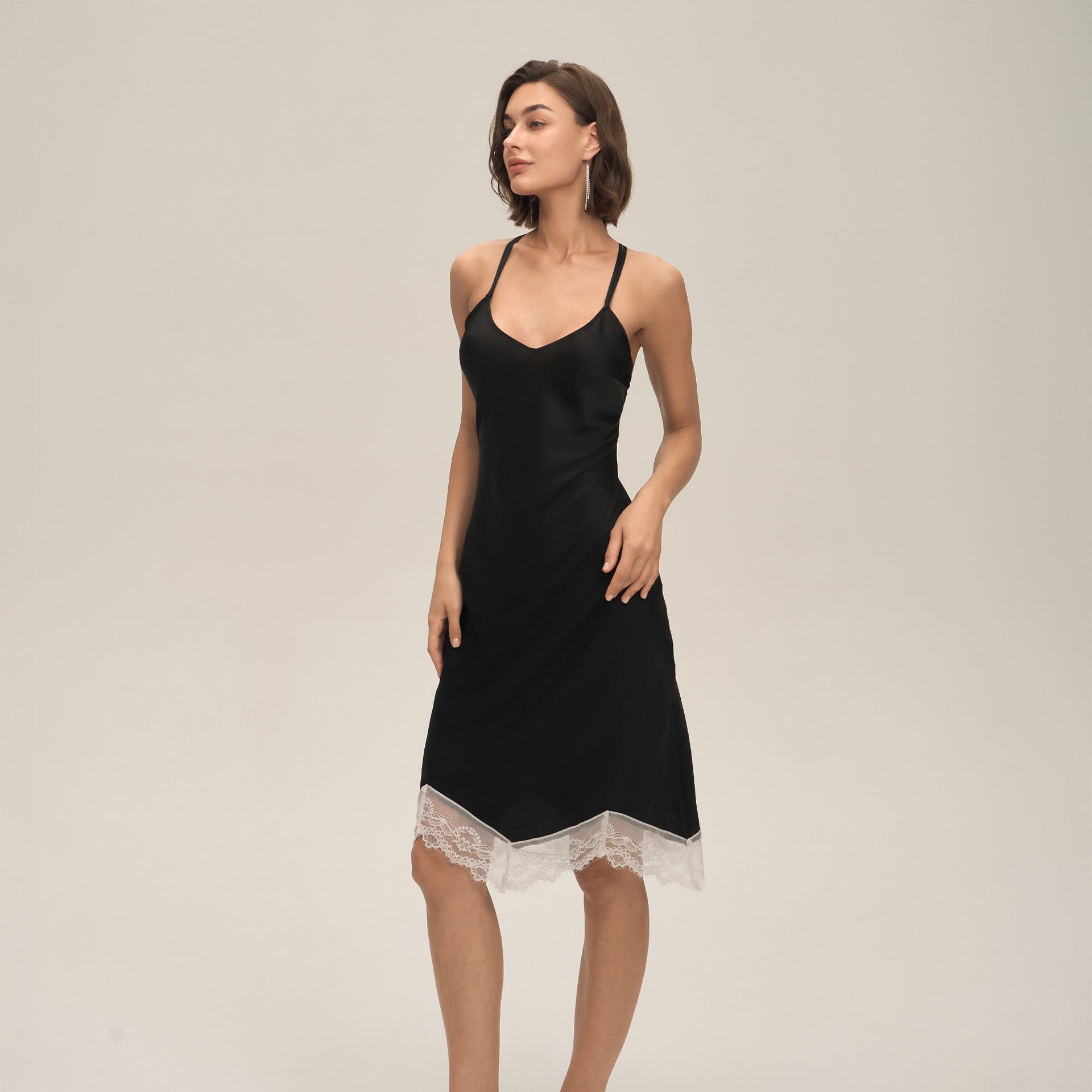 Effen kleur satijnen patchwork kant backless hemd pyjama's