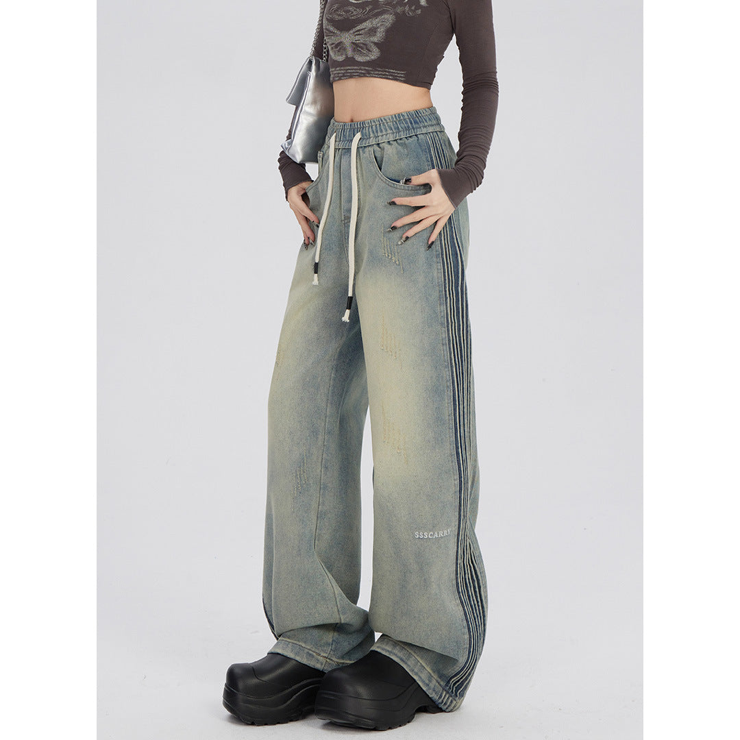 Jeans met elastische taille met rimpelontwerp aan de zijkant